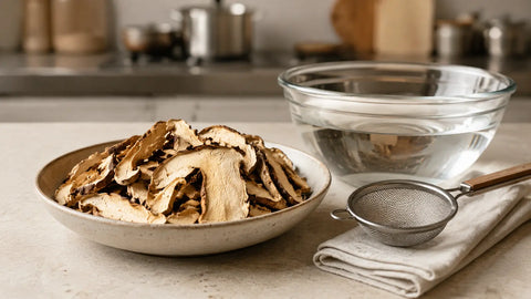 Dried Boletus edulis porcini slices with a bowl of water and fine-mesh strainer