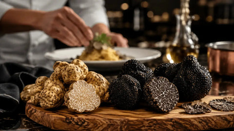 Fresh black and white truffles on a wooden board in a professional restaurant kitchen with a chef preparing a gourmet dish