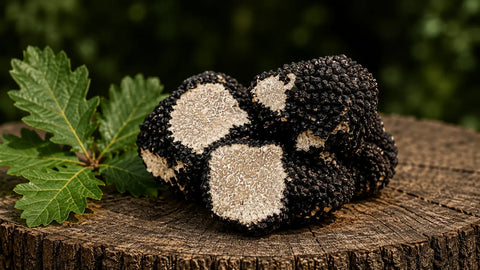 Truffes d'été entières et coupées en deux Tuber aestivum sur une surface en bois rustique
