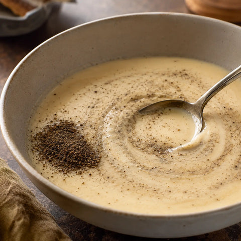 Black Winter Truffle Powder made from Tuber brumale being incorporated into a creamy sauce for even distribution