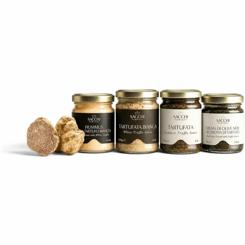Coffret cadeau Desirée premium à la truffe, comprenant huile d'olive à la truffe blanche, sauce à la truffe d'été, beurre de truffe et trois crèmes salées