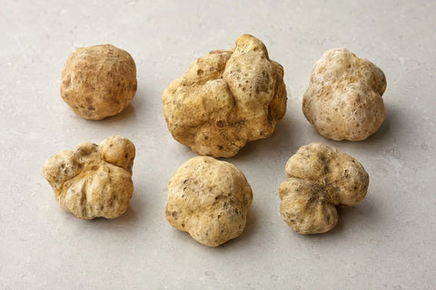 Truffes blanches fraîches entières de Tuber magnatum présentant une variation naturelle de taille, de forme et de couleur extérieure