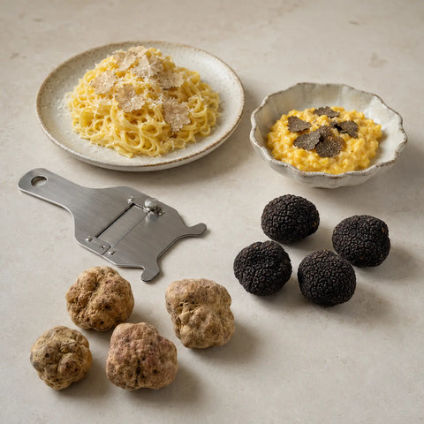 Truffes blanches et noires fraîches accompagnant des plats simples préparés pour être râpés et servis