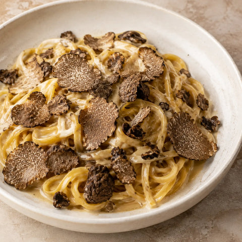 Truffe noire d’été surgelée – Tuber aestivum en lamelles sur des tagliolini crémeux
