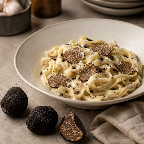 Tuber brumale congelée servie sur des tagliatelles crémeuses, avec une truffe coupée et des truffes entières à côté du bol
