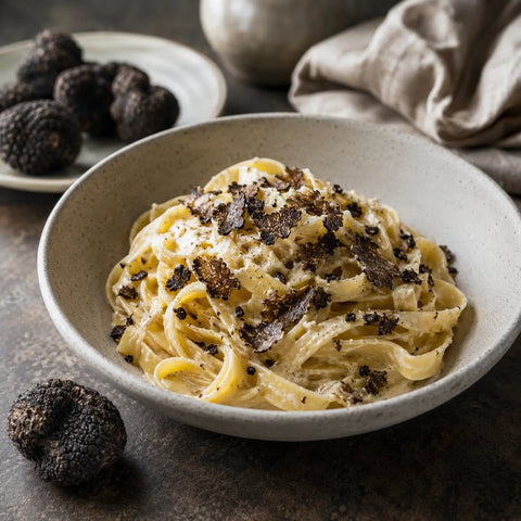Tuber melanosporum congelé servi sur des pâtes crémeuses dans une présentation culinaire raffinée