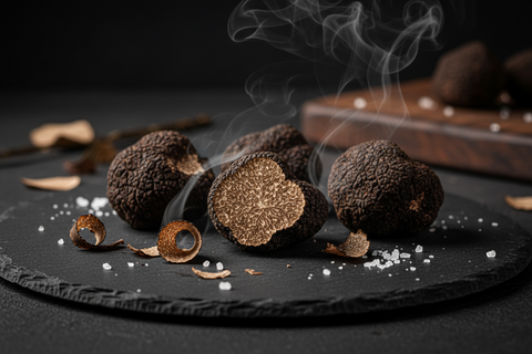 Truffes noires sur une surface sombre avec effet de fumée