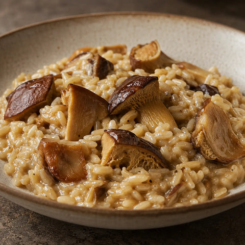 Rehydrated and thoroughly cooked Boletus edulis porcini mushrooms in a creamy risotto