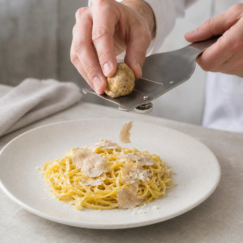 Medium fresh Tuber magnatum white truffle shaved over a warm finished pasta dish