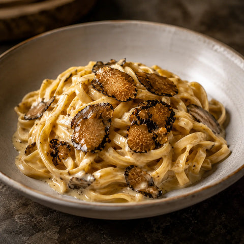 Tranches de carpaccio de truffes d'été Tuber aestivum servies sur des tagliatelles crémeuses