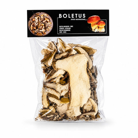 Champignons cèpes sauvages séchés Terra Ross dans un sac plastique transparent avec une étiquette noire portant la marque boletus
