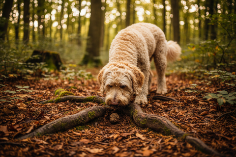 Chien réalisant un exercice de reconnaissance d'odeur de truffe en milieu forestier