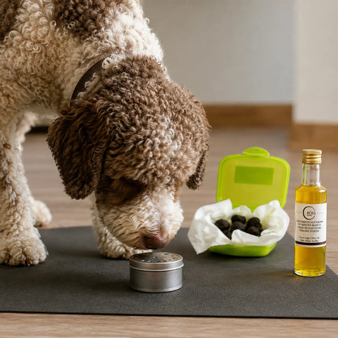 Chien à la truffe explorant un récipient fermé contenant de l'arôme, à côté de truffes noires fraîches et d'huile d'olive aromatisée à la truffe blanche