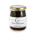 Pot de sauce à la truffe avec couvercle et étiquette dorés, Salsa Tartufata avec contenu noir
