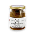 Bocal de tartufata blanche avec couvercle doré présentant le produit de sauce aux truffes blanches tartufata