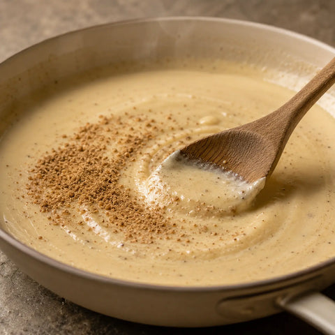 Tuber borchii truffle powder being incorporated into a creamy sauce for even distribution