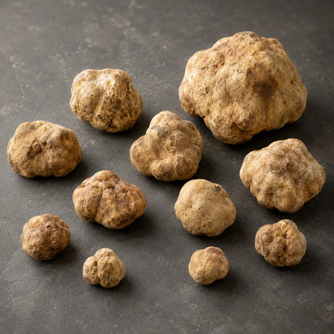 Truffes blanches fraîches Tuber magnatum sélectionnées en différentes tailles et formes naturelles