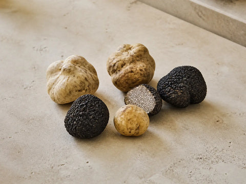 Truffes blanches et noires entières, avec une truffe noire coupée révélant son intérieur marbré, sur une surface en pierre claire.