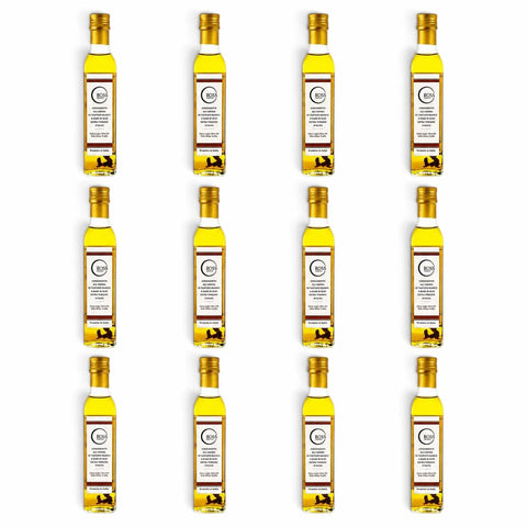Douze bouteilles de 250 ml d’huile d’olive à la truffe blanche avec 2 % d’arôme de Tuber magnatum