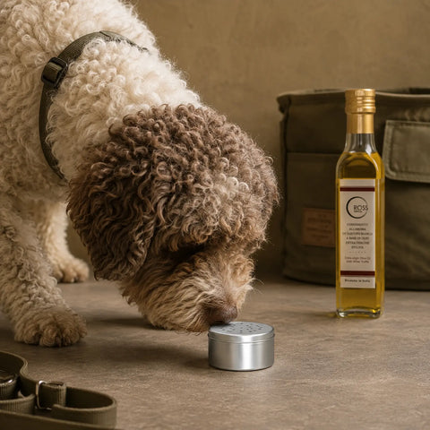 Chien explorant un récipient dissimulé contenant de l'odeur lors d'un entraînement à l'arôme de truffe blanche
