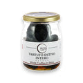 Bocal en verre de truffes noires en saumure avec un couvercle doré pour le produit Tuber aestivum