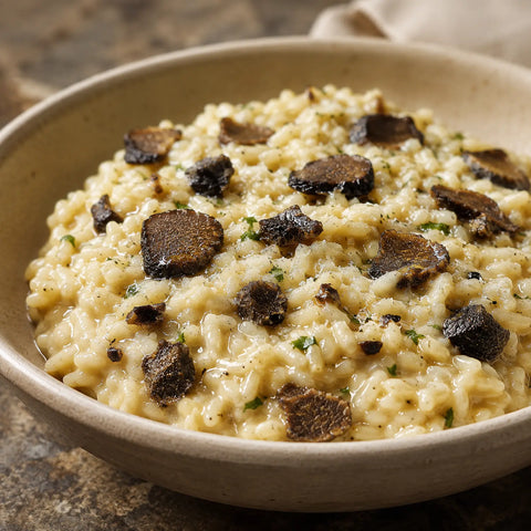 Morceaux de truffes entières conservées Tuber aestivum incorporés à un risotto chaud
